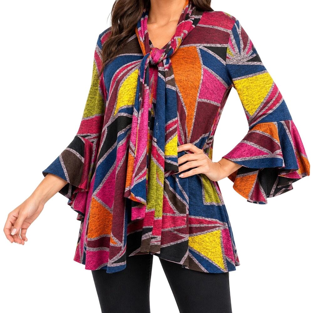 IC by Connie K Sz Medium Colorful Geometric Wearable Art Blouse Shirt Top Unique